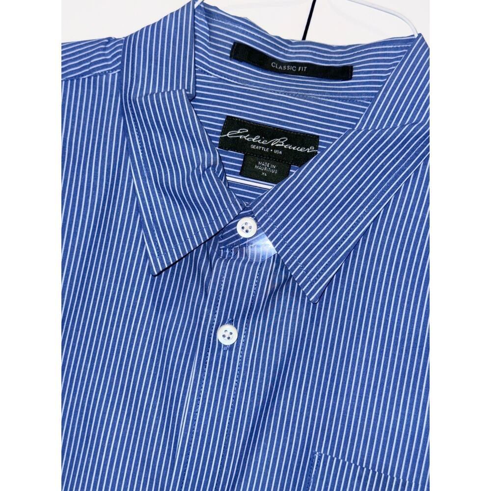 Eddie Bauer Men XL Classic Fit Blue White Striped 100% Cotton Dress Shirt